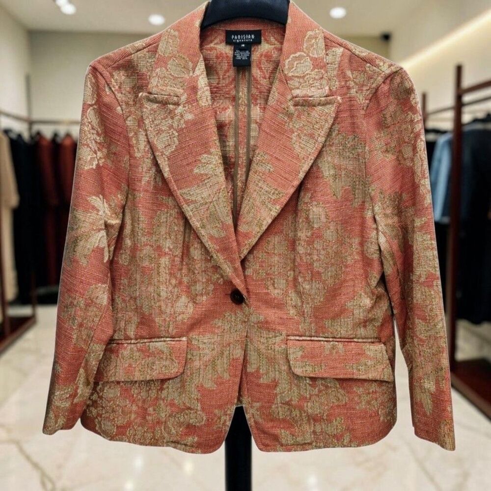 Parisian Signature Jacquard Blazer Womens 14 Orange Gold Baroque Vintage 90s NWT